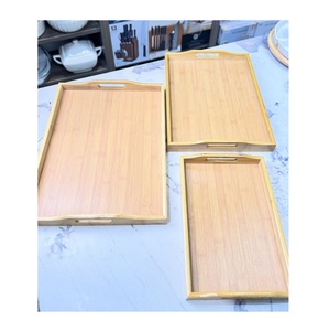 Ensemble de service en bambou artisanal de qualité supérieure, plateaux gigognes en bois de plusieurs tailles avec poignées découpées pour une prise en main facile, cuisine moderne et minimaliste - Product Image 2
