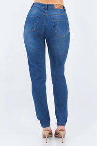 Pantalones vaqueros de mezclilla cómodos y elegantes para mujer, de cintura alta, ajustados, azules, de cinco bolsillos y largo completo. - Product Image 5