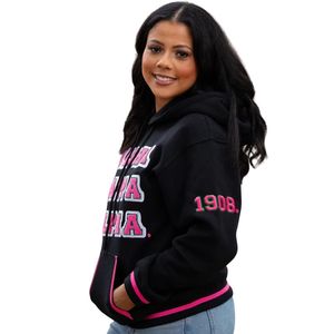 Sweat à capuche noir pour femme, broderie chenille lettres grecques, bordure rose, polaire premium, pull décontracté pour l'hiver - Product Image 2