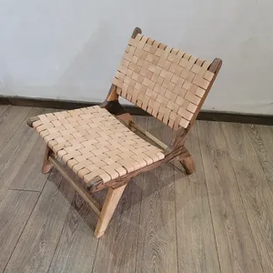 Chaise de salle à manger marocaine contemporaine faite à la main, siège en cuir tressé, structure en bois massif, mobilier artisanal pour appartement - Product Image 5