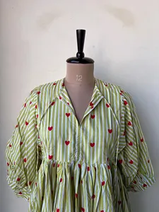 <b>Women's</b> Boho Yellow Striped Heart Print Cotton Midi Dress Tie-Neck 3/4 Puff Sleeve Casual Summer Dress - Product Image 4