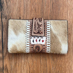 กระเป๋าหนังวัวลายดอกไม้ทำด้วยมือกระเป๋าสตางค์ผู้หญิงแบบพับสองพับ - Product Image 4