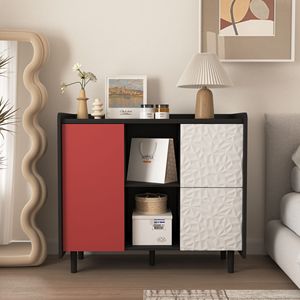 Credenza Nera con Ante Rosse, Design Unico del Pannello, 2 Scomparti Aperti e 2 Cassetti - Product Image 2