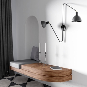 Modern dual arm <b>wall</b> <b>sconce</b> with a sculptural black metal frame and two adjustable cone shades Its asymmetrical silhouette adds - Product Image 3