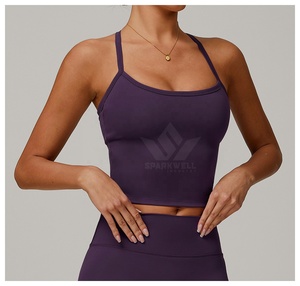 Camiseta sin mangas de punto para mujer, cuello cuadrado, color marrón, transpirable, de spandex y nailon, chaleco deportivo con logo frontal - Product Image 5
