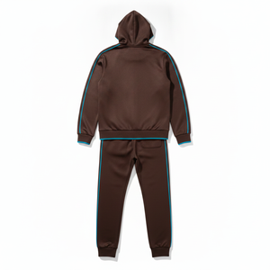 Ensemble de survêtement marron à capuche pour homme avec imprimé abstrait et bordure bleue, tenue décontractée d'automne, pantalon de jogging à manches longues avec fermeture éclair sur le devant et côtés - Product Image 3