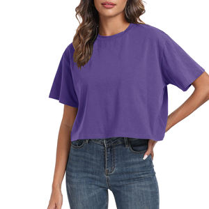 Camiseta Corta Morada para Mujer, Cuello Redondo, Corte Holgado, Informal, Color Sólido, Tejido de Punto, Algodón Jersey, para Primavera/Verano - Product Image 3