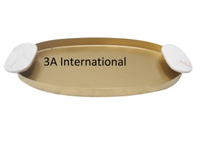 Bandeja de Servir Ovalada Redondeada de Diseño, Chapada en Oro 3A Internacional, con Asas de Mármol, Acabado Metálico Pulido, al Precio Más Bajo - Product Image 1