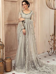 Sari en soie gris élégant avec broderie pour femme, prêt-à-porter, pour mariage et fêtes, vêtements indiens et pakistanais, longueur au sol - Product Image 5