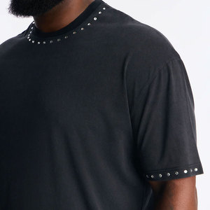 Oversized Black Cotton T-Shirt O-Neck <b>Short</b> <b>Sleeve</b> Rhinestone Detail Street Style Solid Color Regular Fit Rhinestone T-Shirt - Product Image 6