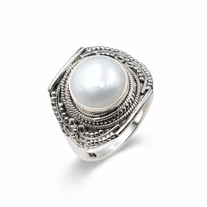 Mother of Pearl Round Cabochon <b>Ring</b> 925 Sterling <b>Silver</b> Vintage Boho <b>Statement</b> Handmade Filigree Design Women Jewelry for Men - Product Image 1