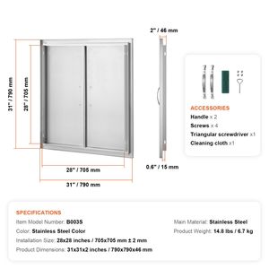 Porta di accesso BBQ doppia in acciaio inox da 31W x 31H pollici per cucina esterna, montaggio a incasso a parete, con maniglie verticali per lo stoccaggio - Product Image 4
