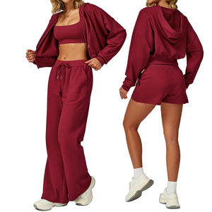 Conjunto Deportivo de 2 Piezas para Mujer, Sudadera con Capucha y Pantalones Anchos con Cierre, Transpirable, para Gimnasio, Running y Descanso - Product Image 1