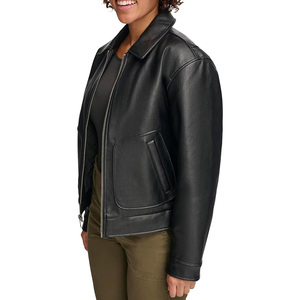Chaqueta de Motociclista de Cuero Genuino Negro para Mujer, con Ribete de Piel, Forro Sherpa, Cierre de Cremallera, Cuello Camisero, Cinturón, Abrigo de Invierno - Product Image 3