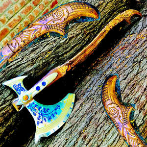 Hache de Kratos God of War, forgée à la main en acier inoxydable, type tomahawk, avec manche en bois industriel pour bricolage, 9 lames coupantes, 40'' de longueur totale - Product Image 5