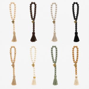 Handmade Wood Bead Garland with Jute Tassel and Cross, Farmhouse Boho Prayer Beads for Wall Hanging and <b>Tiered</b> <b>Tray</b> Decor - Product Image 2