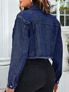 Veste en jean pour femme, unie, d'hiver, avec logo sur le devant, respirante, tricotée, à ourlet brut, à manches longues, boutonnée, avec poches, coupe classique - Product Image 2