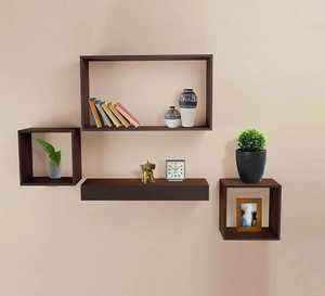 Modern Dark Brown Floating Cube Wood Wall <b>Shelves</b> Set 4 Piece Square Rectangular Box Mounted <b>Adjustable</b> Non-Folding Storage - Product Image 1