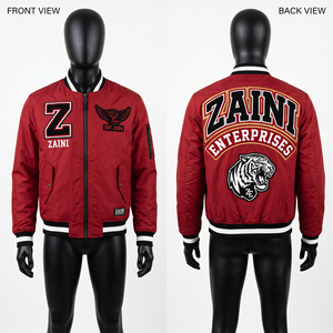 เสื้อแจ็คเก็ตบอมเบอร์สีแดงสำหรับผู้ชาย ผ้าโพลีเอสเตอร์ทวิล 240 GSM ปลายแขนเสื้อและชายเสื้อแบบริบ ปักลายเชนิลล์แบบกำหนดเอง ป้ายโลโก้แบบทอ รับผลิตแบบ OEM ODM - Product Image 1