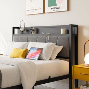 Struttura letto matrimoniale solida e stabile con testiera contenitore, stazione di ricarica, facile montaggio, non richiede rete a molle, letto imbottito - Product Image 6