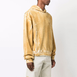 Sudadera con Capucha Extra Grande de Terciopelo para Hombre, Teñida, Color Amarillo Sólido, Corte Regular, Estilo Otoñal - Product Image 1
