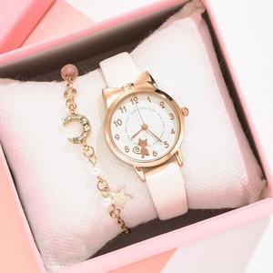 Women Cartoon Quartz Watch With Pink Strap And Moon Star Bracelet Set Analog <b>Display</b> Rose Gold <b>Case</b> 30mm Dial Woman Quartz Watch - Product Image 1