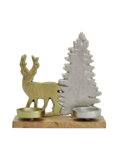 Porte-bougie en aluminium en forme de renne doré et d'arbre de Noël argenté sur base en bois - Décoration de table festive pour les fêtes, centre de table de Noël - Product Image 3