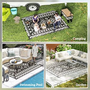 Tappeto da Esterno Reversibile 8FT X 10FT Impermeabile Bianco e Nero con Motivo a Rombi e Borsa per il Trasporto in Materiale Plastico Effetto Paglia - Product Image 5