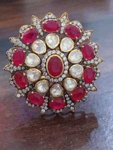 Amaira Jewels Classic Flower Shape <b>Cocktail</b> <b>Ring</b> Red Doublet Diamond Pave Setting <b>Gold</b> Plated Women Wedding Jewelry Adjustable - Product Image 4