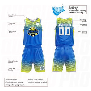 Ensemble de vêtements de sport personnalisés unisexe en maille polyester pour le basketball, bleu et jaune, respirant, maillot et short - Product Image 2