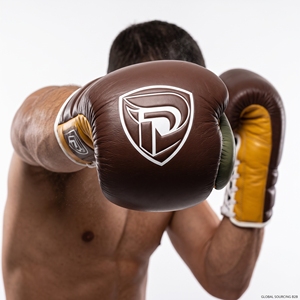 Dumela Leather <b>Boxing</b> <b>Gloves</b> <b>16</b> <b>Oz</b> Brown Yellow Green Training Gear with Logo Design - Product Image 2