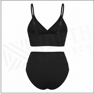 Women's Black Ribbed 2 Piece Bikini Set <b>Crossed</b> Halter <b>Top</b> High Waist Bottoms Stretch Swimwear - Product Image 2