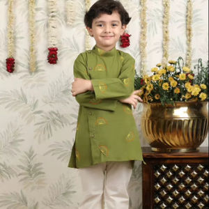 Conjunto de kurta verde para niños, ropa étnica, atuendo tradicional infantil, ropa festiva para fiestas, kurta larga con pijama, ropa elegante y cómoda. - Product Image 1
