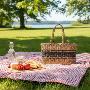 Handwoven Seagrass <b>Basket</b> with Handle Natural Woven <b>Storage</b> Tote <b>Basket</b> for Shopping Beach and Home Use - Product Image 3