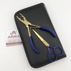 2 Hole Hair Plier Blue Coated with Gold Color <b>Micro</b> rings Stainless Steel Hair <b>Extension</b> Scissors with Needles and Clips - Product Image 2