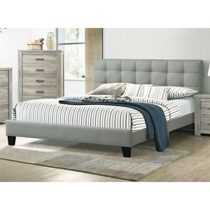 Letto Contemporaneo California King Size con Testiera Trapuntata in Polifibra Grigia, Struttura Imbottita per Camera da Letto - Product Image 2