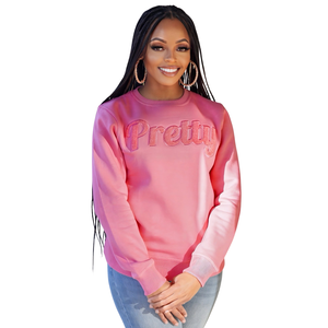 Sudadera AKA de Chenilla Rosa Sólido para Mujer, con Bordado de Letras Griegas, Cuello Redondo, Prenda Premium - Product Image 1