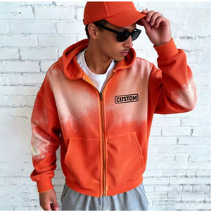 Sudadera con capucha para hombre, informal, estilo urbano, con cremallera, oversize, con bolsillos, personalizable, con estampado tie-dye naranja y blanco, de canalé, venta al por mayor de fábrica - Product Image 2