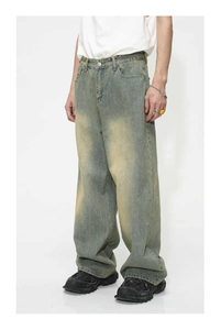 Jean en denim délavé taille haute coupe large pour homme, en coton, coupe décontractée, idéal pour l'automne - Product Image 3
