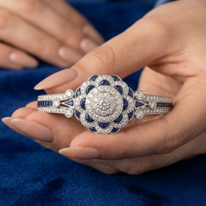 <b>Solid</b> 18k White <b>Gold</b> Natural Blue Sapphire Genuine Diamond Art Deco Vintage Floral Cluster <b>Bangle</b> Milgrain Luxury Fine Jewelry - Product Image 3