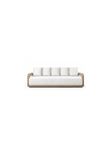 Canapé d'extérieur minimaliste en bois à trois places avec coussins blancs, mobilier de jardin durable pour salon ou salle d'attente - Product Image 1