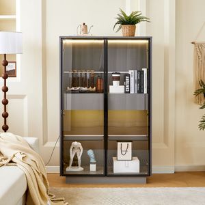 Vetrina Moderna Alta 154 cm con Porta in Vetro Temperato e Illuminazione LED, 2 Cassetti per Arredamento Soggiorno - Product Image 2