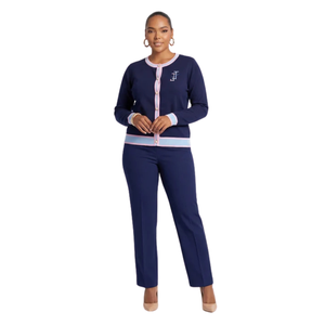 <b>Navy</b> Embroidered <b>Cardigan</b> with Pink and White Trim Button Front Knit Sweater Elegant Fashion Top for Women <b>Girls</b> Casual Daily - Product Image 1