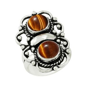 Bague Gourik en argent sterling 925 avec œil de tigre, style bohème du Sud-Ouest, sertie d'une pierre précieuse ronde, vintage, pour usage quotidien, oxydée, pour femme - Product Image 1