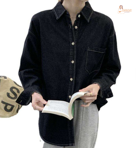Camisa vaquera de mujer de manga larga con botones, corte holgado, cuello vuelto, color liso, blusa casual de manga completa tejida - Product Image 6