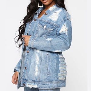 Hotsale New Design Plus Size Ripped Women Blue Wash Oversized Denim Jackets BEST SELLING - Product Image 5
