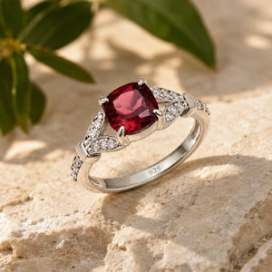 Emrusa Jewellers Women's <b>Garnet</b> 925 Sterling <b>Silver</b> <b>Ring</b>-Cushion-Cut Stone with Pave CZ Split Shank for Wedding - Product Image 3