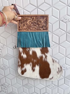 Chaussette de Noël en cuir de vachette à franges, faite à la main, couleur turquoise, pour la cheminée, décoration de fête, sac cadeau - Product Image 4