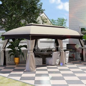 Gazebo de jardin beige 10' x 20' avec toit ventilé, abri extérieur avec filet et rideaux, modèle D0100X3H50P - Product Image 2
