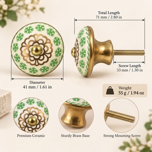 SHUBHAM Handmade <b>Ceramic</b> Cabinet <b>Knob</b> with Brass Base Green Floral Decorative Drawer Dresser <b>Cupboard</b> Furniture Handle - Product Image 6